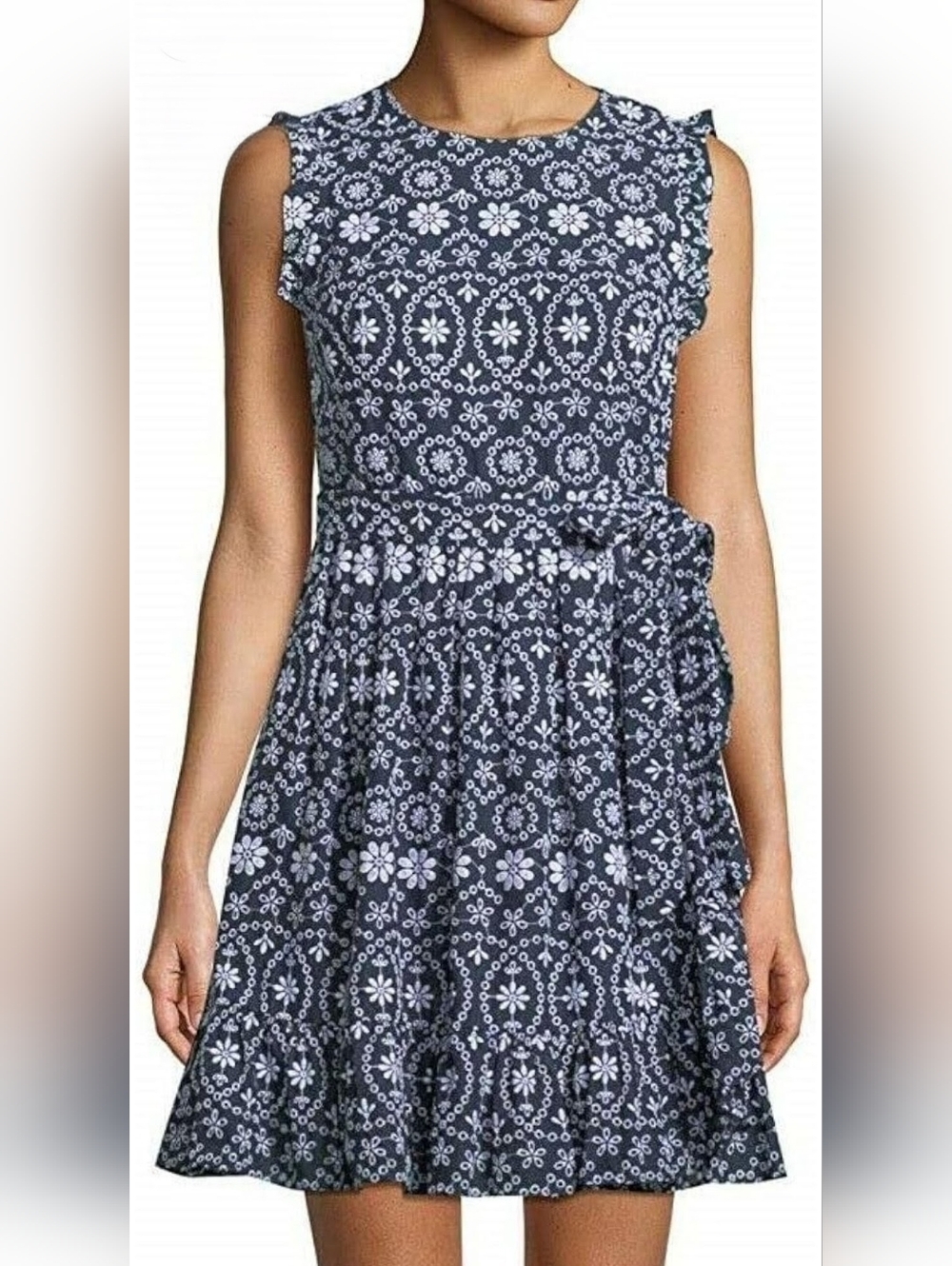 Kate Spade New York Womens Dress Blue Eyelet Fit Flare Sleeveless Belted Size 10